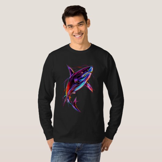 Vibrant Neon Shark Modern Digital Ocean Tシャツ (正面フル)