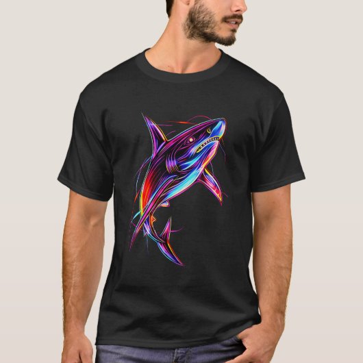 Vibrant Neon Shark Modern Digital Ocean Tシャツ (正面)