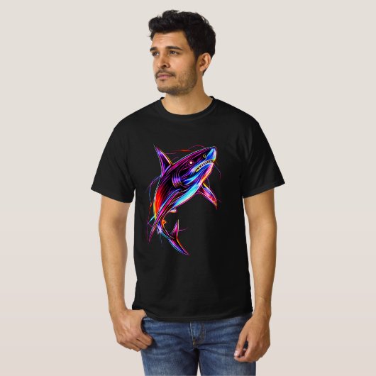 Vibrant Neon Shark Modern Digital Ocean Tシャツ (正面フル)