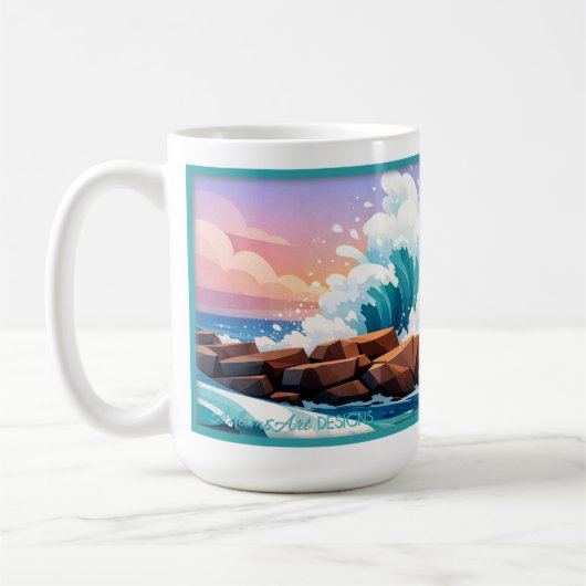 Vibrant Ocean Wave Crashing on Rocky Shore コーヒーマグカップ (左)