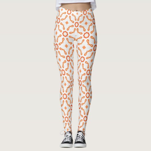 Vibrant Orange-Red Floral & Bow Pattern Leggings レギンス (正面)