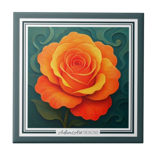 Vibrant Orange Rose Paper-Cut FloralCeramic Tile タイル (正面)