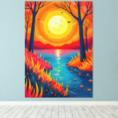 Vibrant Orange Sunset Lake Landscape Art キャンバスプリント (インサイチュ (ウッドフロア))