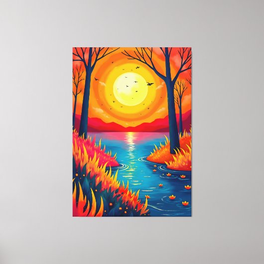 Vibrant Orange Sunset Lake Landscape Art キャンバスプリント (正面)