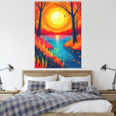Vibrant Orange Sunset Lake Landscape Art キャンバスプリント (インサイチュ (寝室))
