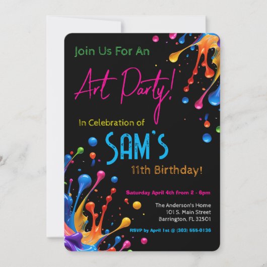 Vibrant Paint Splash Art Party Birthday Invitation 招待状 (正面)