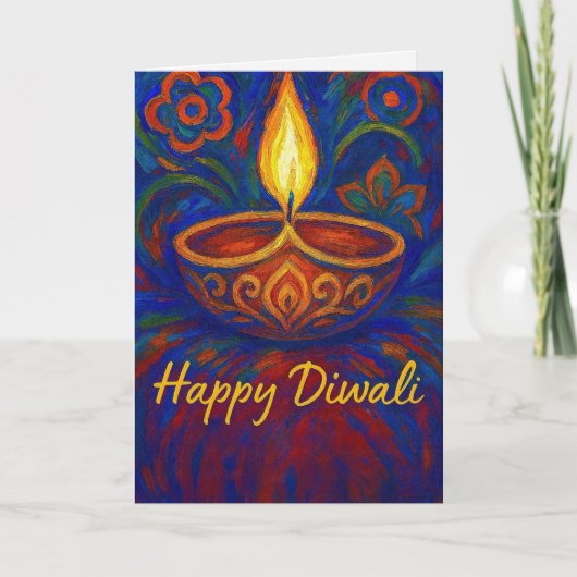 Vibrant Painted Diya Happy Diwali Greeting カード (正面)