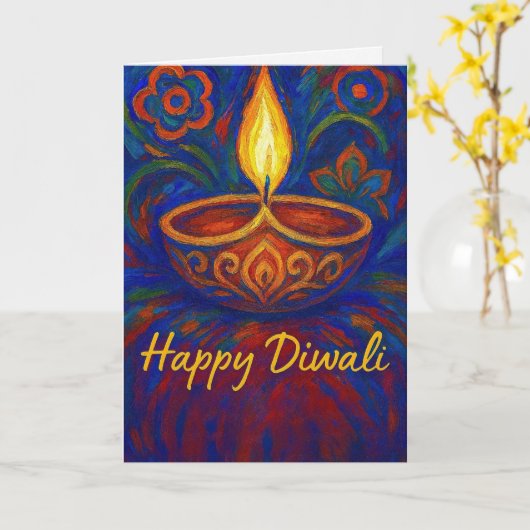 Vibrant Painted Diya Happy Diwali Greeting カード (黄色い花)