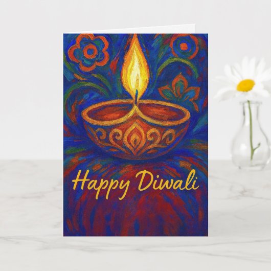 Vibrant Painted Diya Happy Diwali Greeting カード (小さな植物)