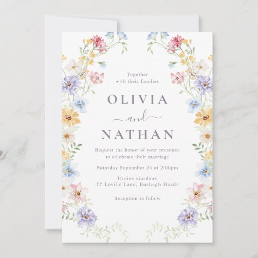Vibrant Pastel Wildflowers Modern Wedding 招待状 (正面)