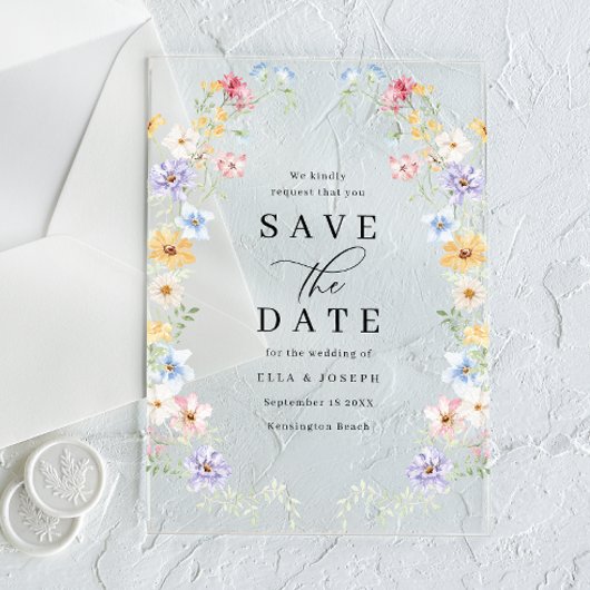 Vibrant Pastel Wildflowers Wedding Save The Date アクリル招待状
