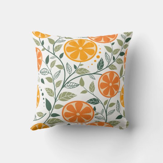 Vibrant pattern of orange slices and green leaves  クッション (裏面)