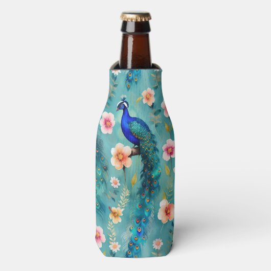 Vibrant Peacock With Feathers & Lush Florals ボトルクーラー (ボトル正面)