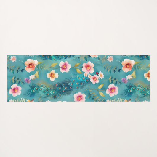 Vibrant Peacock With Feathers & Lush Florals ヨガマット (裏面(横))