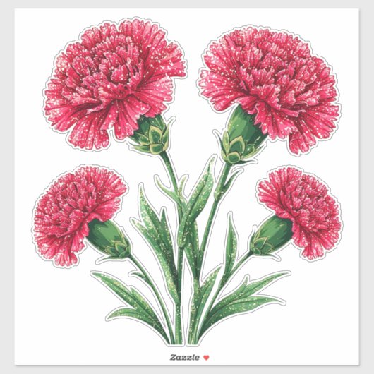 Vibrant Pink Carnations With Green Stems シール (シート)