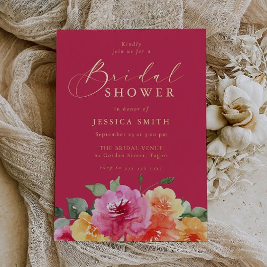 Vibrant Pink Floral Bridal Shower Gold 箔招待状