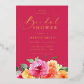 Vibrant Pink Floral Bridal Shower Gold 箔招待状 (正面)