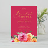 Vibrant Pink Floral Bridal Shower Gold 箔招待状 (立ち正面)