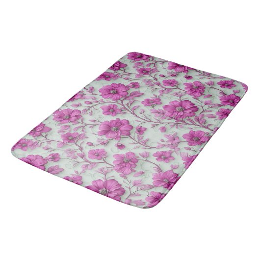 Vibrant Pink Floral Pattern With Magenta Flowers バスマット (アングル)