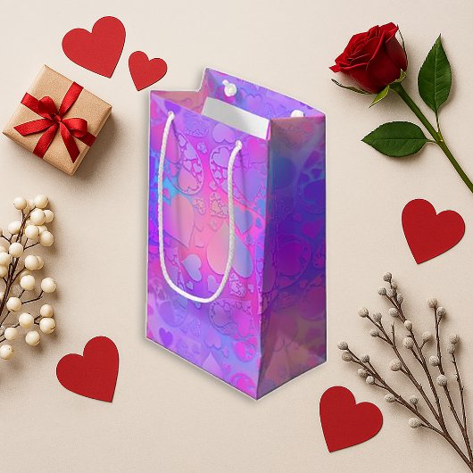 Vibrant Pink Holographic Heart Pattern Design スモールペーパーバッグ