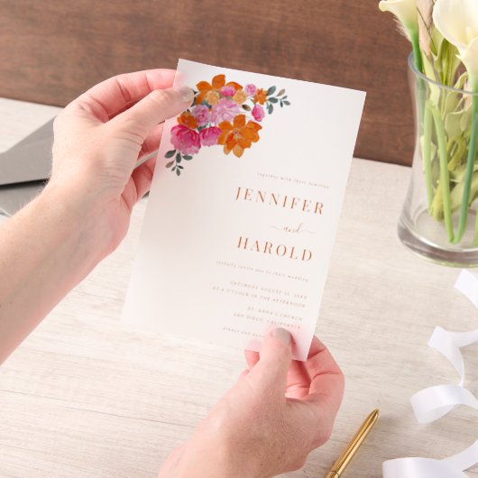 Vibrant Pink & Orange Floral Garden Wedding ベラム紙招待状 (ポータブル)