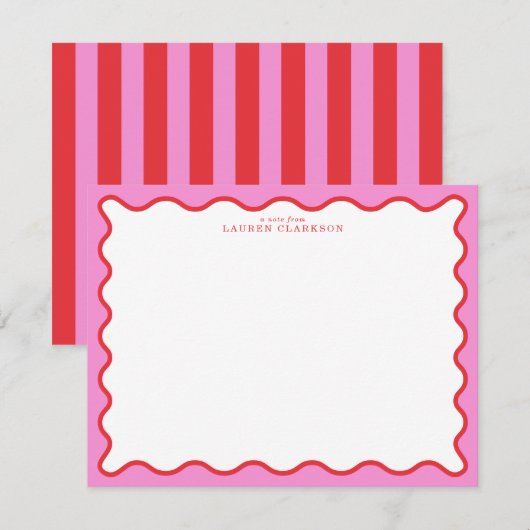 Vibrant Pink & Red Modern Wavy Border Note Card 招待状 (正面/裏面)