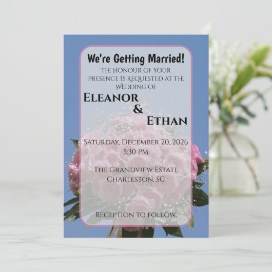 Vibrant Pink Rose Bouquet & Blue Sky Summer  招待状 (スタンド正面)