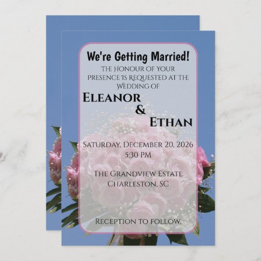 Vibrant Pink Rose Bouquet & Blue Sky Summer  招待状 (正面/裏面)