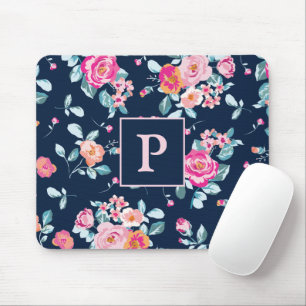 Vibrant Pink Roses Floral Monogram マウスパッド