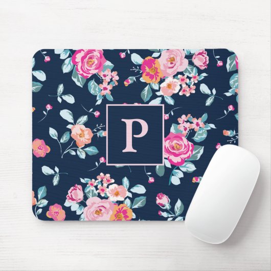 Vibrant Pink Roses Floral Monogram マウスパッド (マウス)