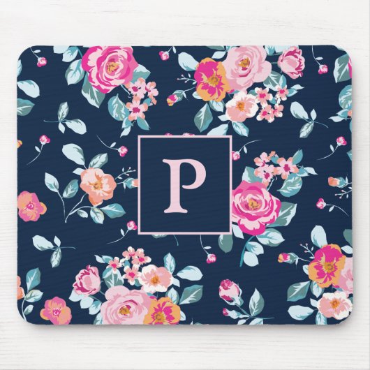 Vibrant Pink Roses Floral Monogram マウスパッド (正面)