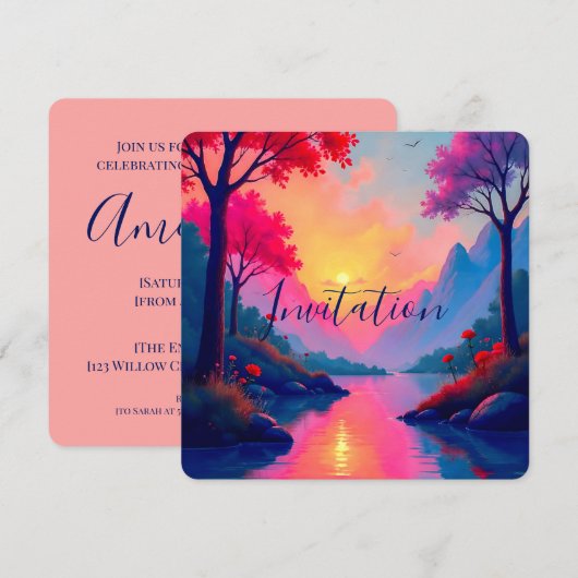 Vibrant Pink Sunset Dreamy Fantasy Landscape 招待状 (正面/裏面)