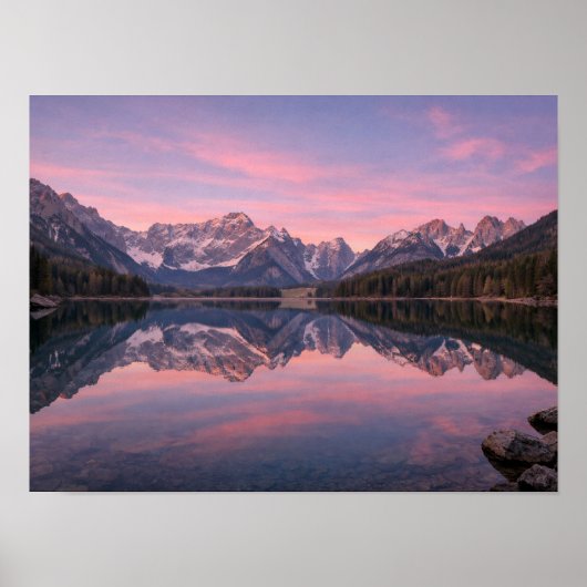 Vibrant Pink Sunset Mountain Lake Reflection ポスター (正面)