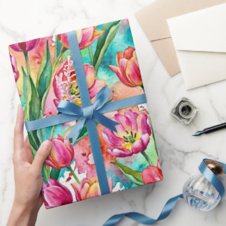 Vibrant Pink Tulip Watercolor Wrapping Paper ラッピングペーパー