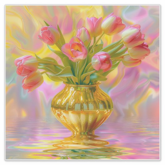 Vibrant Pink Tulips in Golden Vase シール (正面)