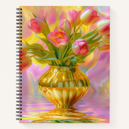 Vibrant Pink Tulips in Golden Vase ノートブック (正面)