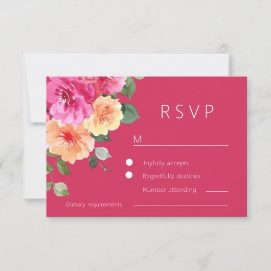 Vibrant Pink Watercolor Floral Wedding 出欠カード (正面)