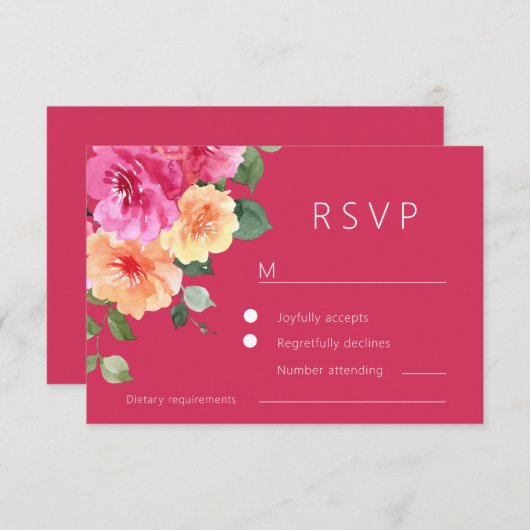 Vibrant Pink Watercolor Floral Wedding 出欠カード (正面/裏面)