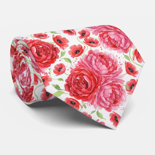 Vibrant Pinky Pink and Juicy Red Watercolor Peony ネクタイ (ロール)