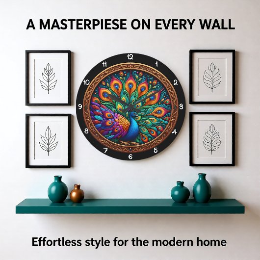 Vibrant Plumage Peacock Mosaic ラージ壁時計