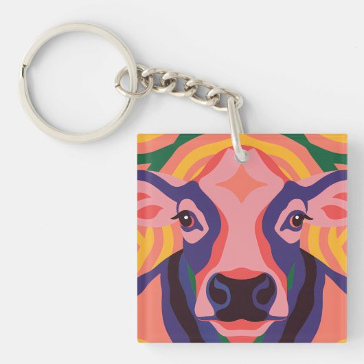Vibrant Pop Art Cow Face Portrait キーホルダー (正面)