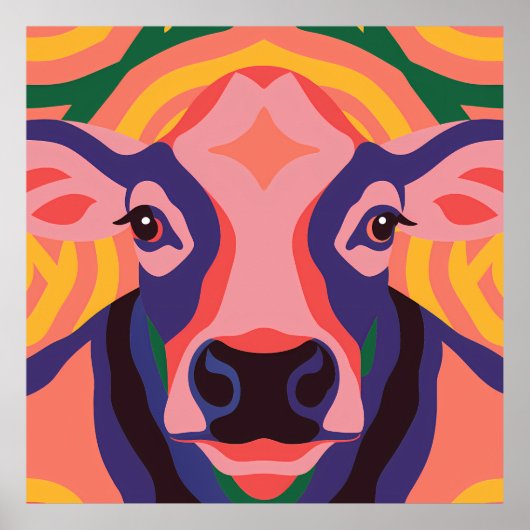 Vibrant Pop Art Cow Face Portrait ポスター (正面)