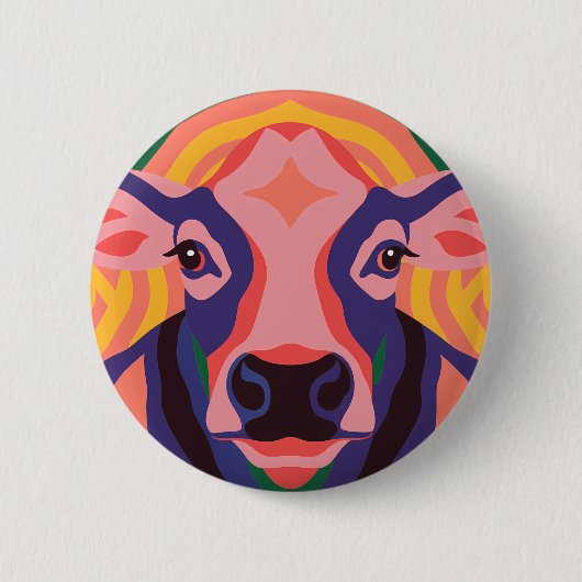 Vibrant Pop Art Cow Face Portrait 缶バッジ (正面)