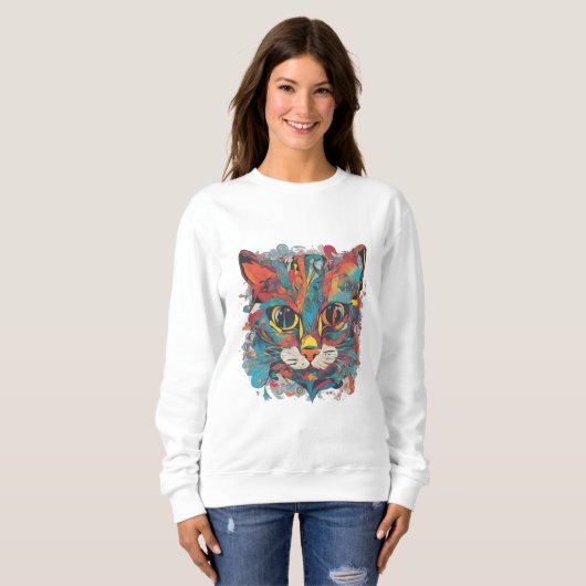 Vibrant Psychedelic Abstract Cat Art Sweatshirt スウェットシャツ (正面フル)