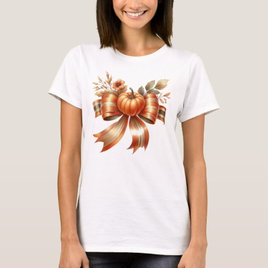 Vibrant Pumpkin Bow Thanksgiving Tshirt Tシャツ (正面)