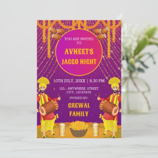 Vibrant Punjabi Jaggo Night Invitation Card 招待状 (スタンド正面)