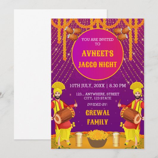 Vibrant Punjabi Jaggo Night Invitation Card 招待状 (正面/裏面)