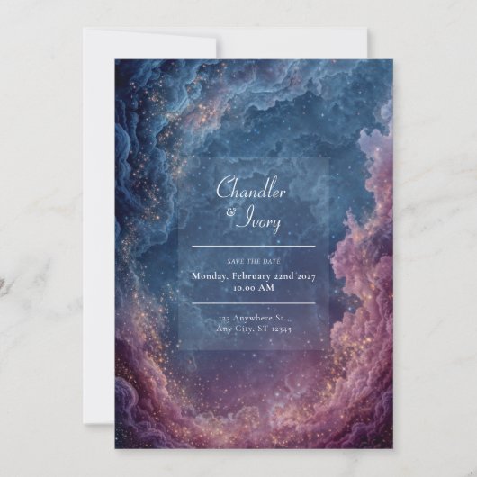Vibrant Purple and Navy Celestial Nebula Wedding 招待状 (正面)
