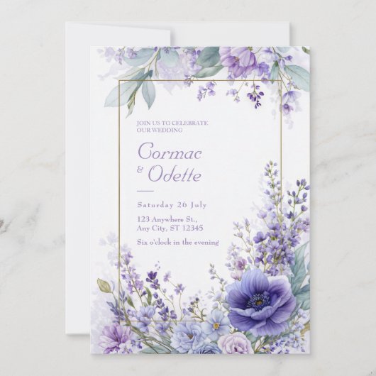 Vibrant Purple Anemone Botanical Gold Frame 招待状 (正面)