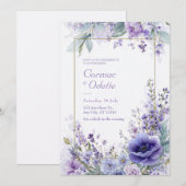 Vibrant Purple Anemone Botanical Gold Frame 招待状 (正面/裏面)